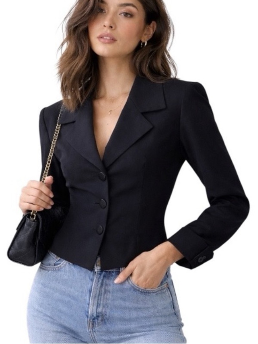 Holt Renfrew Snatched Waist Tailored Blazer 6 Black Cropped Quiet Luxury